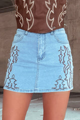 Beau Blue Abstract Embroidered Denim Mini Skirt