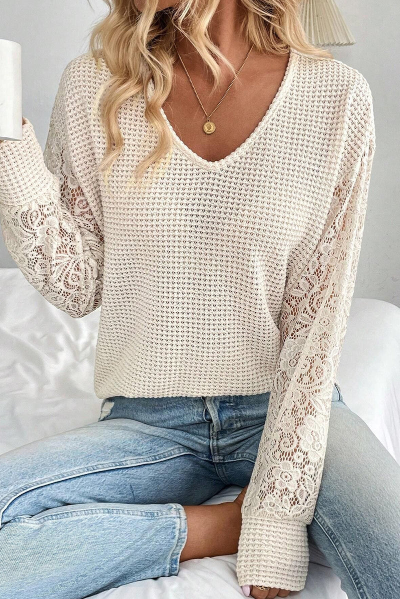 Beige Waffle V Neck Patchwork Lace Long Sleeve Top