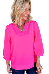 Sky Blue Frill V Neckline Puff Sleeve Crinkled Blouse