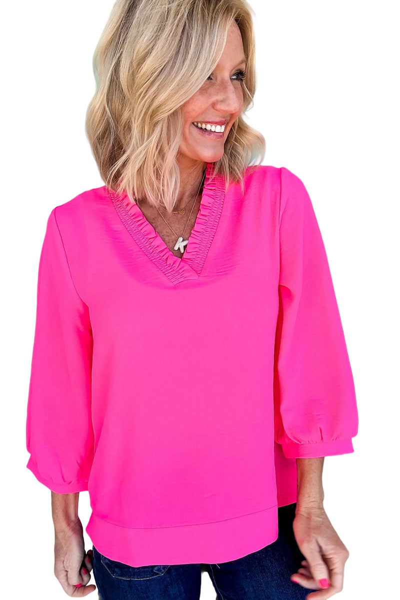 Sky Blue Frill V Neckline Puff Sleeve Crinkled Blouse