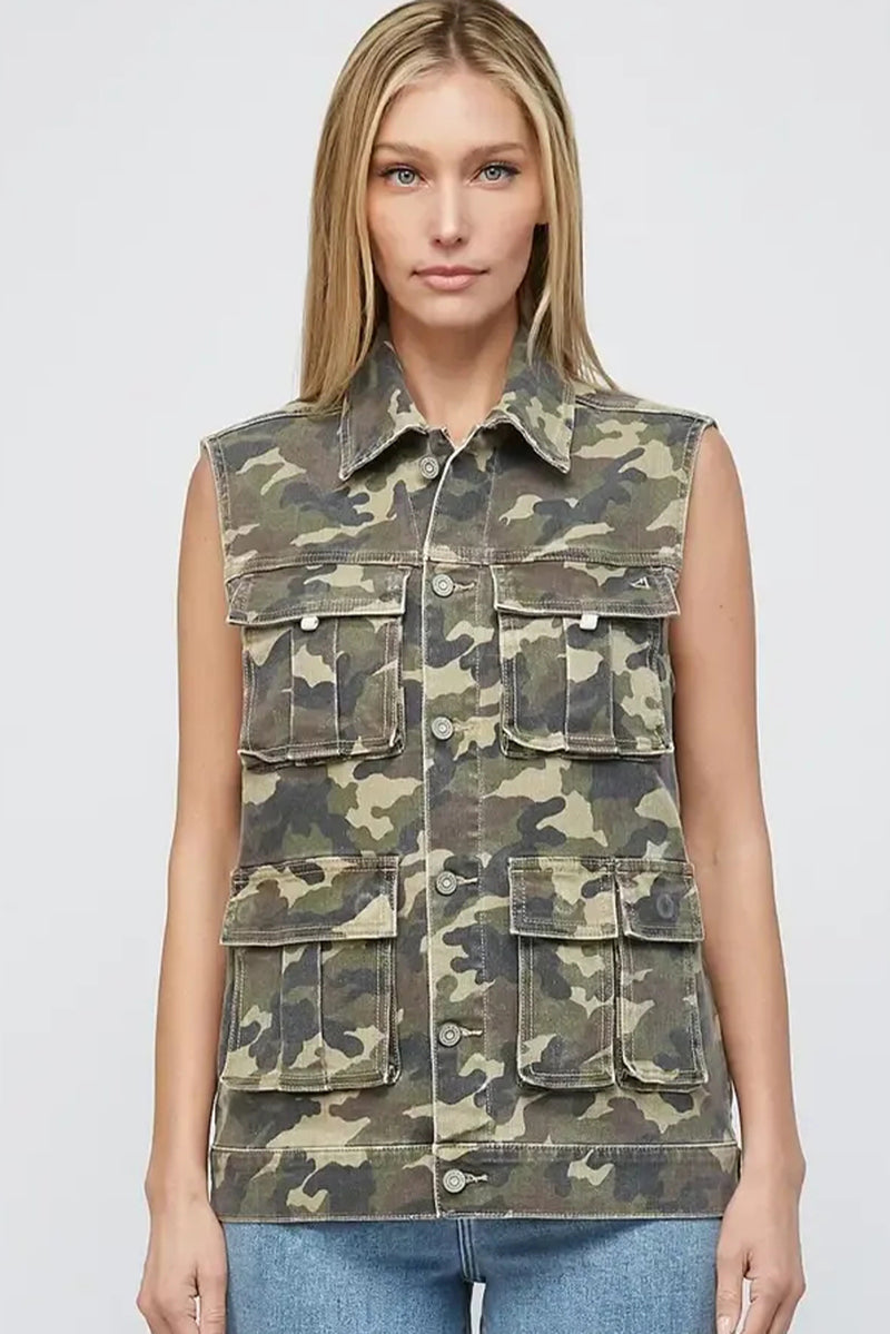 Green Camouflage Print Button Cargo Pocket Button Down Denim Vest
