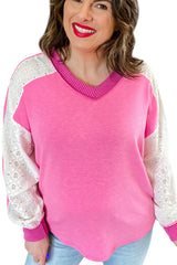 Bonbon Lace Patchwork Corded Trim Plus Size Long Sleeve Top