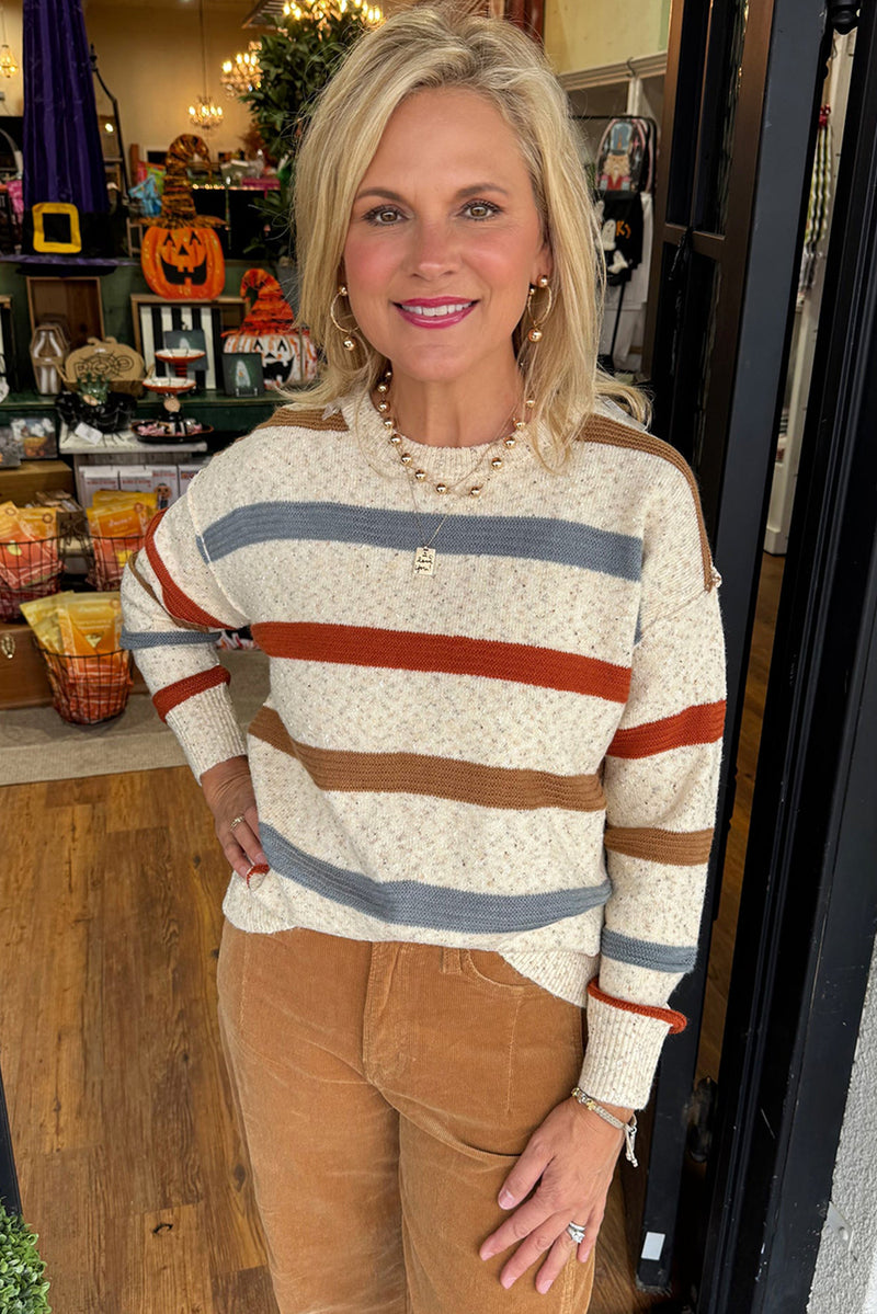 Beige Stripe Exposed Seam Drop Shoulder Heathered Knit Sweater