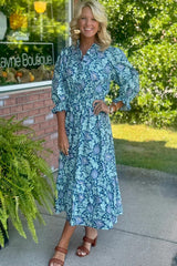 Brown Floral Printed Frilled V Neck Bracelet Sleeve Long Dress