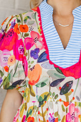 Rose Bright Floral Print Ricrac Trim Striped Patchwork V Neck Dress