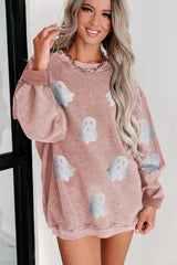 Blue Halloween Ghost Corded Crew Neck Loose Sweatshirt