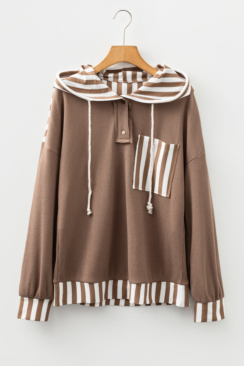 Straw Yellow Waffle Texture Striped Patchwork Drawstring Henley Hooded Top