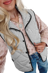 Black Striped Snap Button Scalloped Hem Winter Vest