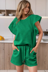 Black Textured Ruffle Sleeve Tee and Drawstring Shorts Set