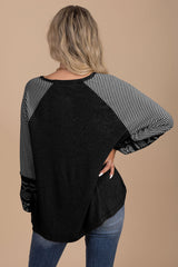 Tillandsia Purple Contrast Print Striped Raglan Long Sleeve Loose Top