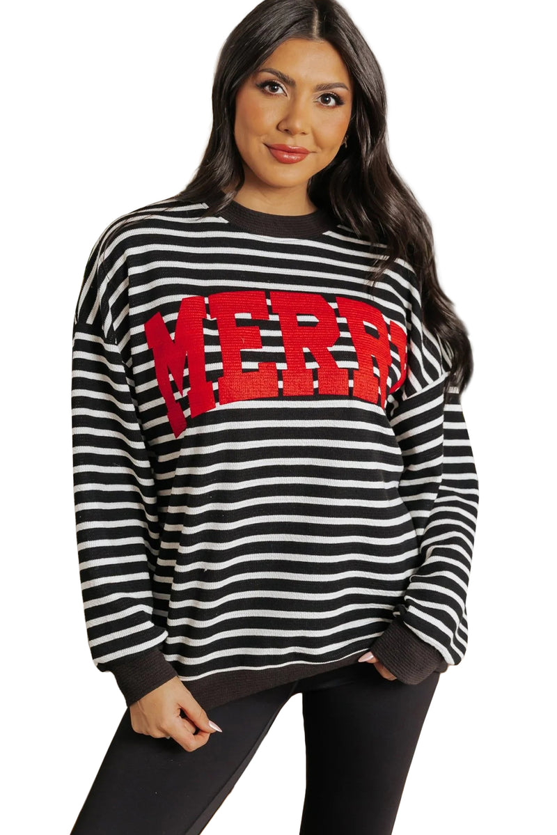 Black Stripe MERRY Letter Print Christmas Sweatshirt