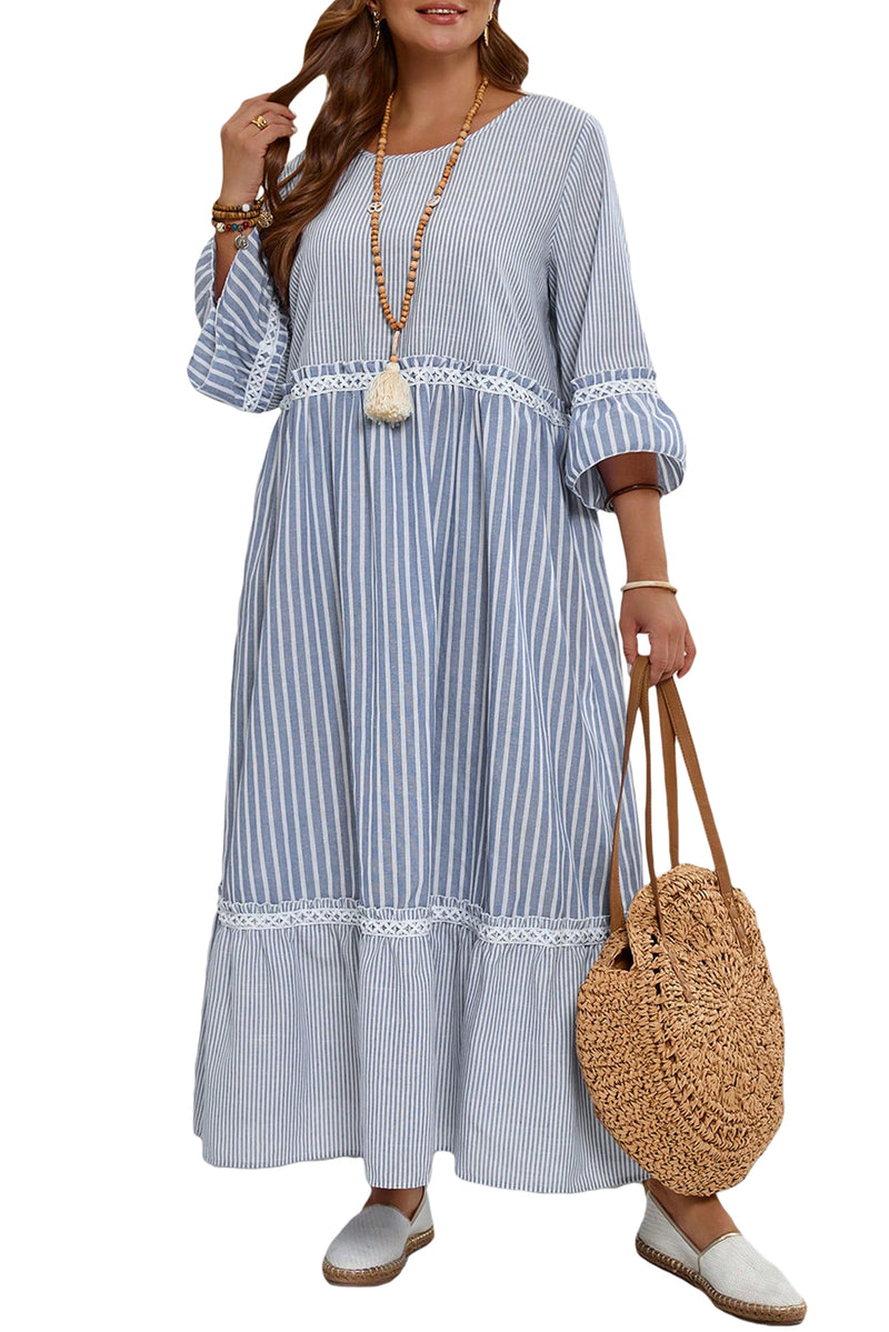 Sky Blue Crisscross Lace Detail Mixed Striped Patchwork Plus Size Dress