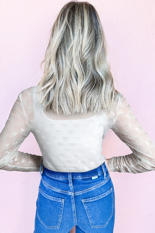 White Bow Pattern Long Sleeve Slim Fit Mesh Top