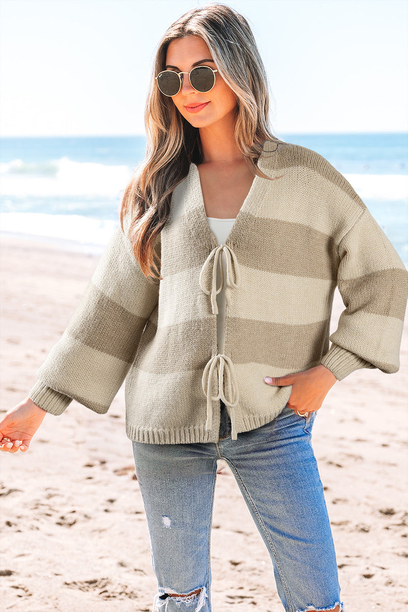Khaki Striped Colorblock Bow Tie Front Knit Cardigan