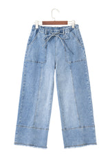 Prussian Blue Drawstring Seam Detail Raw Hem Wide Leg Jeans