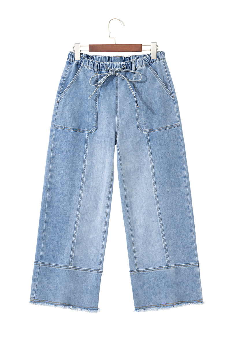 Prussian Blue Drawstring Seam Detail Raw Hem Wide Leg Jeans