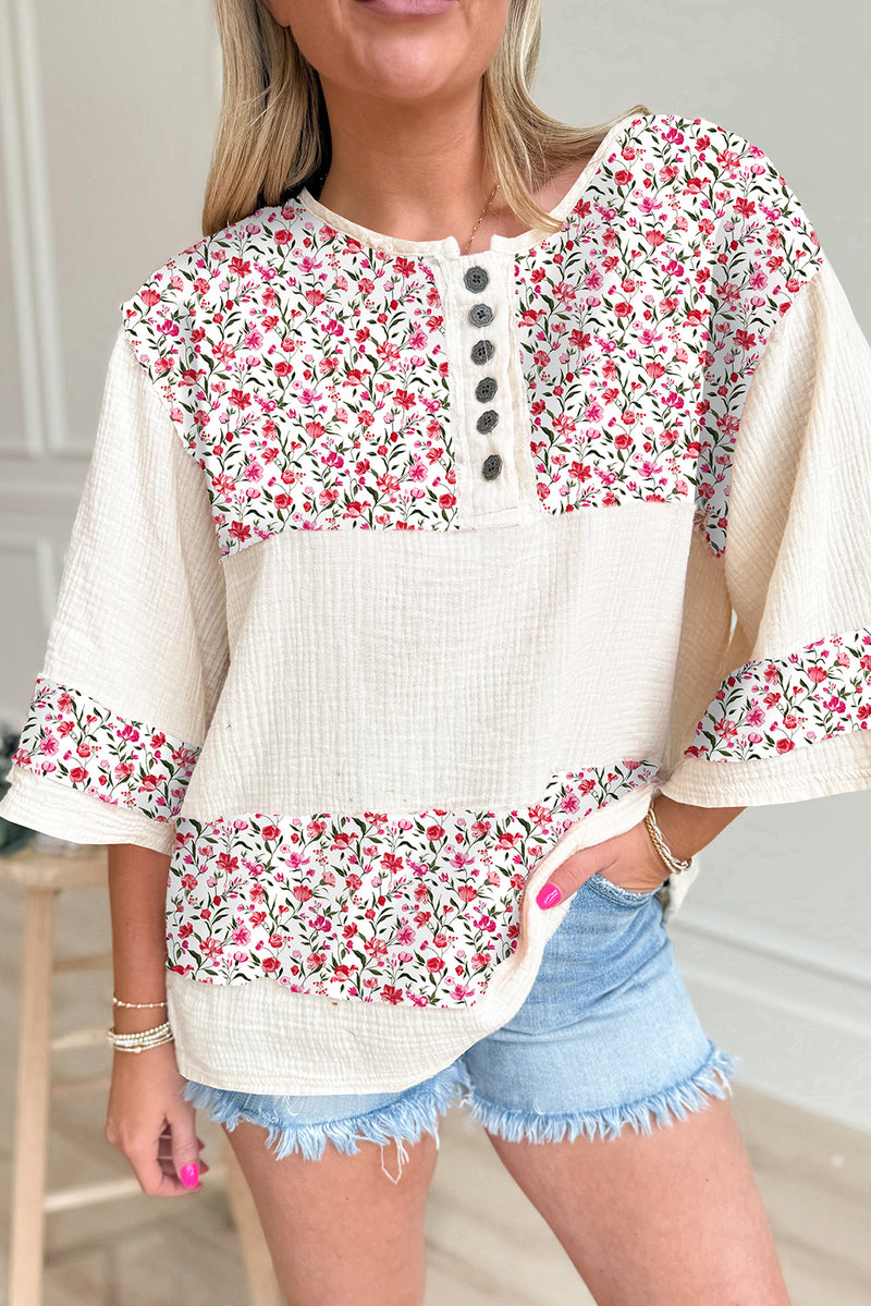 Sky Blue Floral Print Crinkle Patchwork Henley Blouse