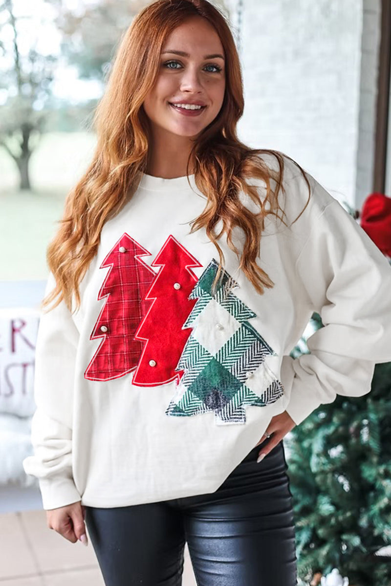White Pearl Plaid Christmas Tree Patched Drop Shoulder Sweatshirt