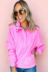 Bright Pink Half Button Collar Drop Shoulder Sweatshirt