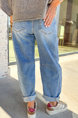 Sky Blue Medium Wash Cuffed Barrel Jeans