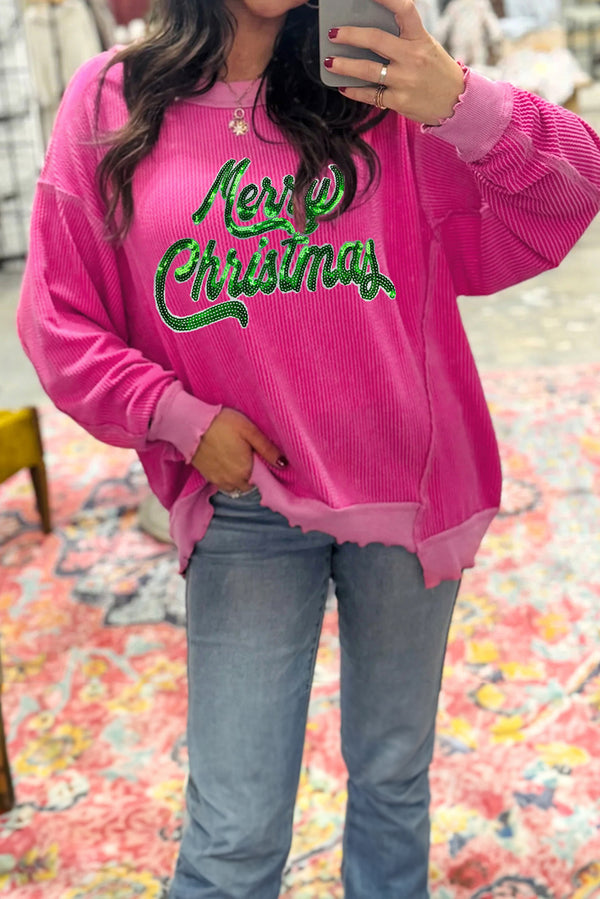 Strawberry Pink Twisted Ribbed Texture Merry Christmas Sequins Patch Top
