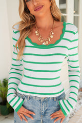Black White Scalloped Edge Neck Striped Long Sleeve Sweater