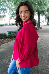 Racing Red Leopard Ricrac Applique V Neck Blouse
