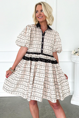 Black Boho Striped Floral Bubble Sleeve Mini Dress