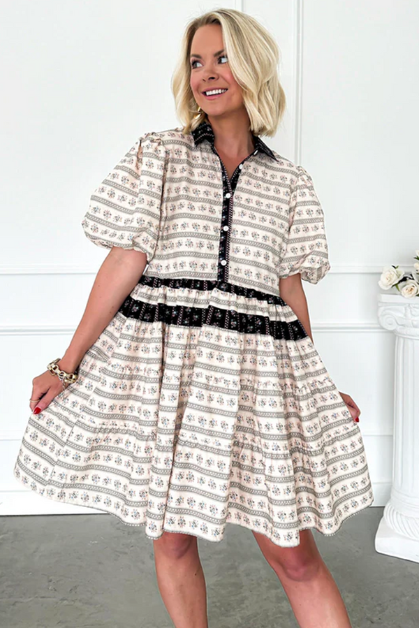 Black Boho Striped Floral Bubble Sleeve Mini Dress