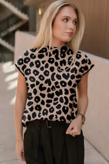 Black Leopard Print High Neck Short Sleeve Sweater