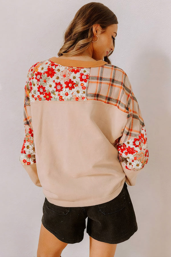 Parchment Floral Plaid Patchwork Henley Top
