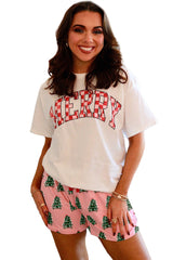 Pink Checkered MERRY Letter Print Tee Christmas Tree Shorts Pajama Set