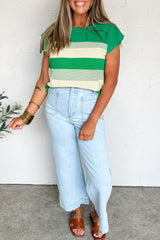 Green Stripe Mixed Print Crew Neck Cap Sleeve T Shirt