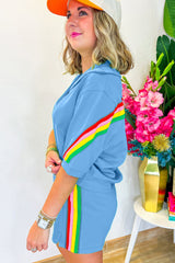 Sky Blue Rainbow Striped Collared Short Sleeve Top and Shorts Set