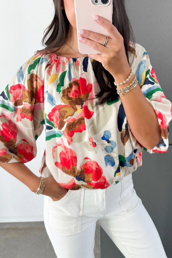 White Abstract Floral Print Puff Sleeve Blouse
