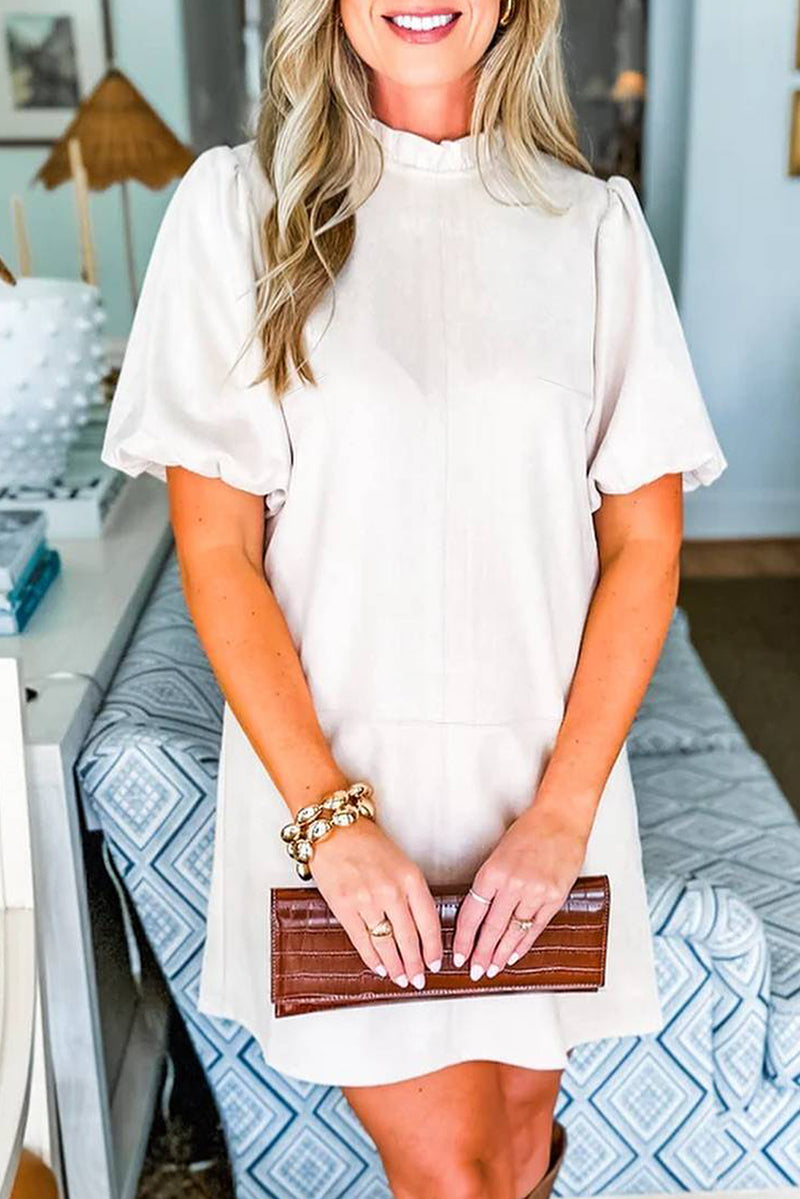 White Frilled Round Neck Short Puff Sleeve Shift Mini Dress