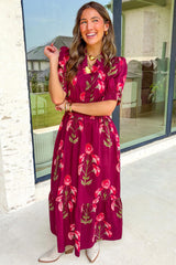 Red Floral Print Frilled V Neck Short Sleeve Ruffle Maxi Dress
