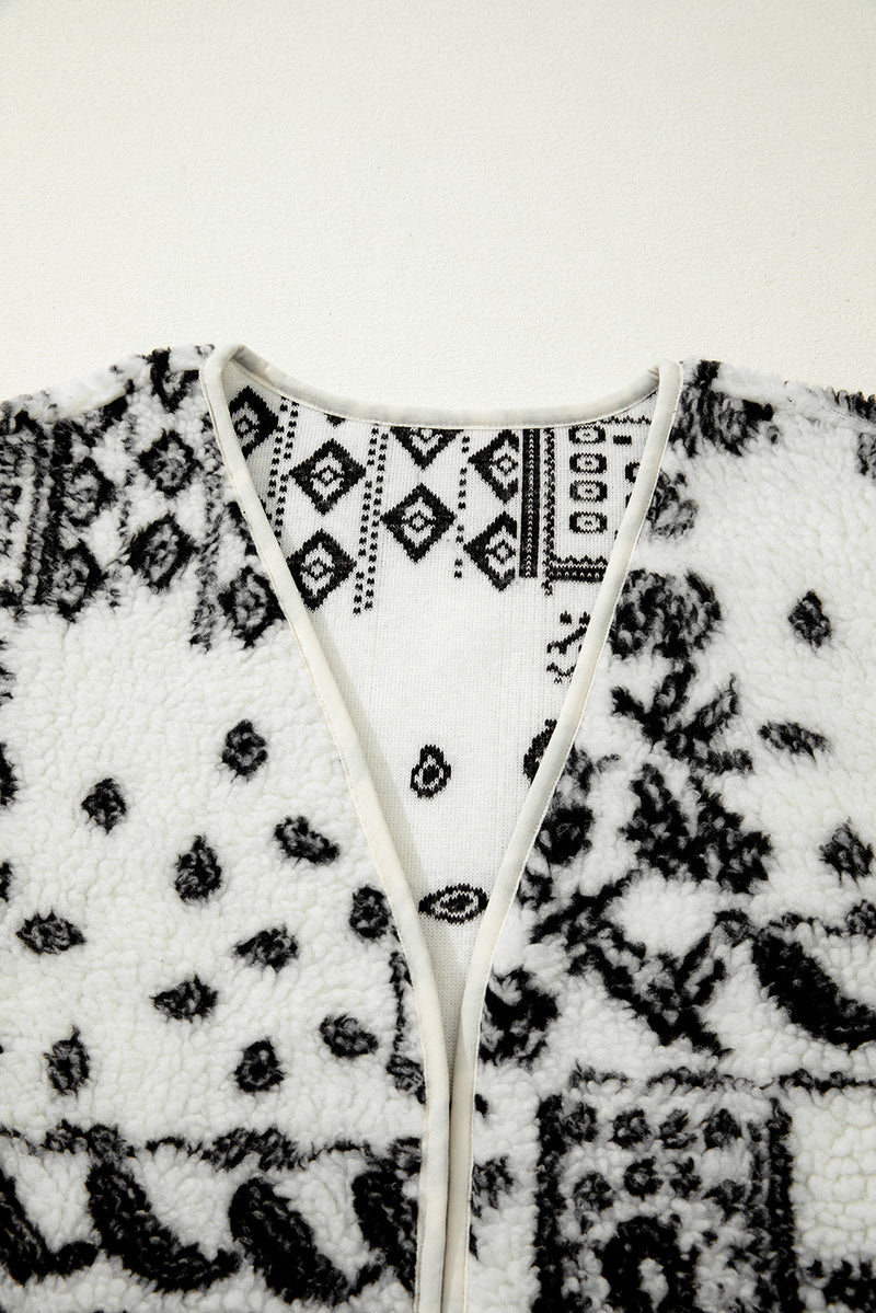 Beige Sherpa Paisley Print Pocketed Fashion Vest Jacket