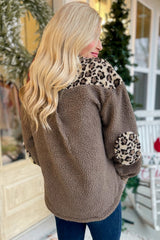 Brown Sherpa Leopard Print Flap Pocket Collared Button Up Jacket
