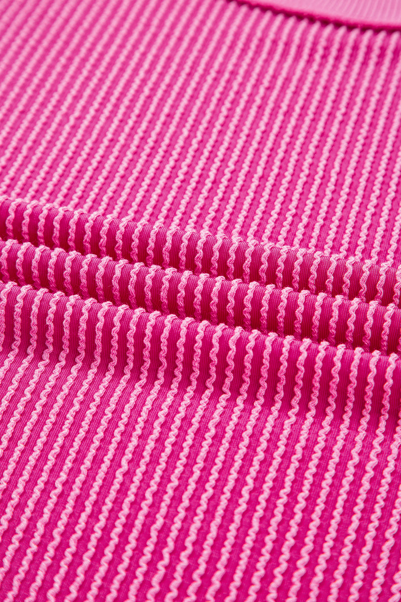 Strawberry Pink Twisted Ribbed Seamed Patchwork Long Sleeve Top