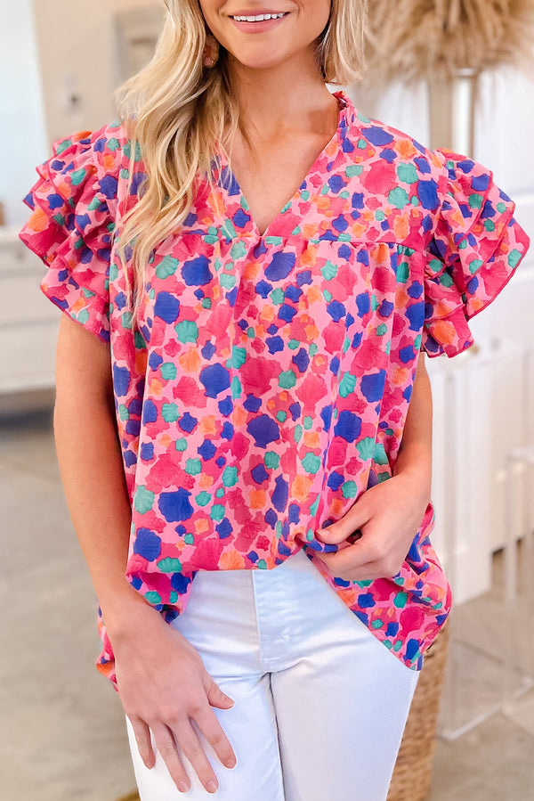 Rose Red Abstract Print Ruffle Sleeve V Neck Blouse