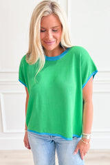 Green Contrast Trim Round Neck Short Sleeve Loose Knit Top
