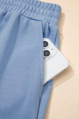 Sky Blue Solid Color Contrast Textured Patchwork Raw Edge 2pcs Short Set