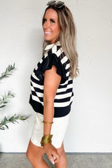 Black Stripe Collar V Neck Ruffled Short Sleeve Blouse