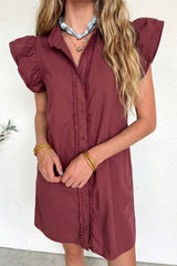 Red Sandalwood Frilled Detail Button Down Ruffle Short Sleeve Denim Mini Dress
