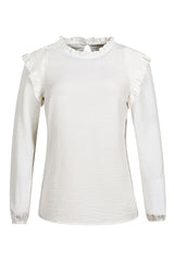 White Frilled Neck Ruffled Trim Bubble Sleeve Blouse