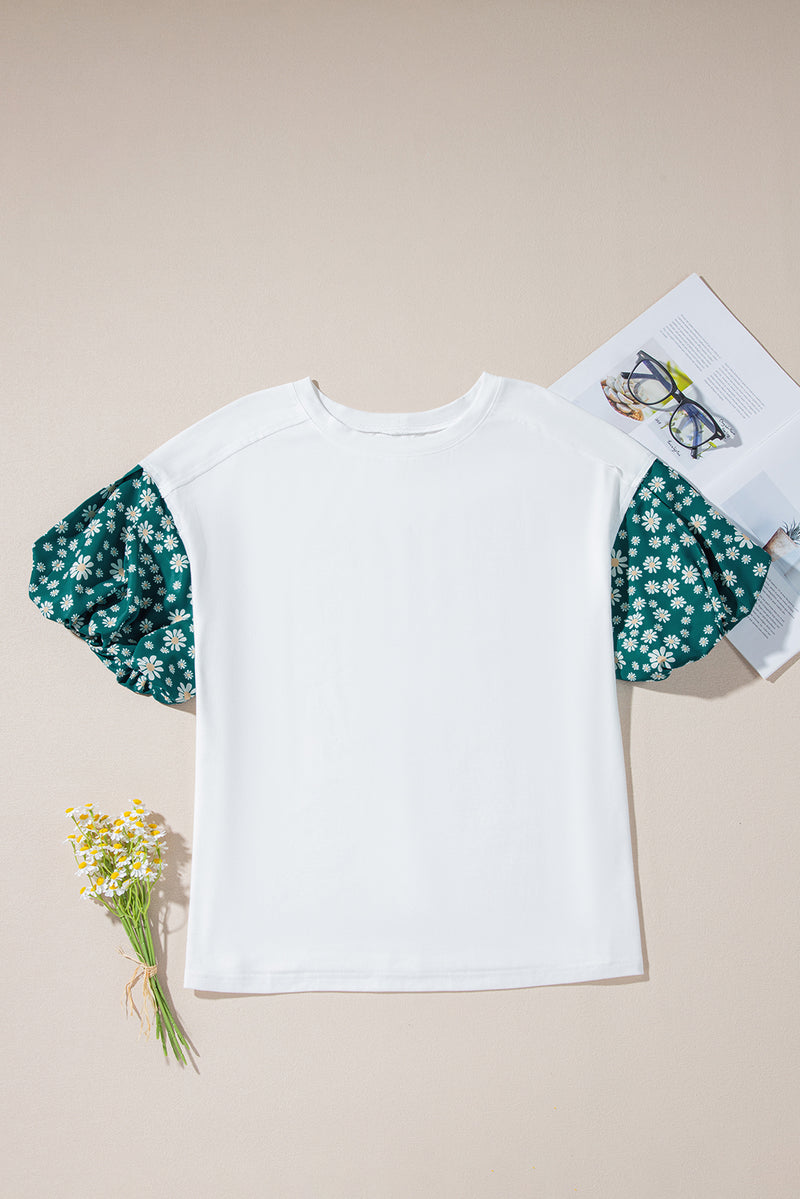 White Daisy Floral Patchwork Drop Sleeve Oversized Top