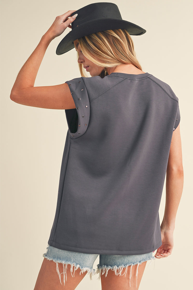 Black Casual Rivet Round Neck T Shirt