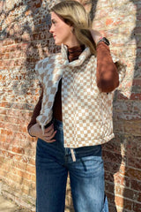 Khaki Plaid Stand Neck Button Down Vest
