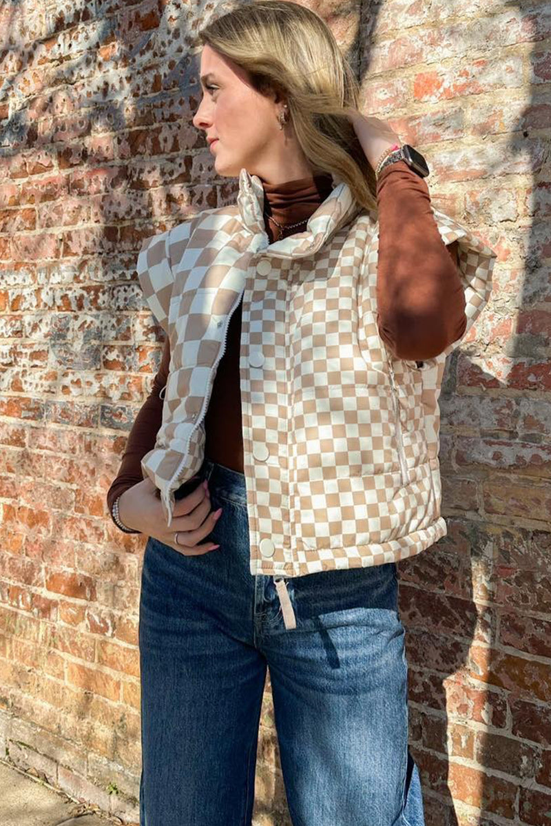 Khaki Plaid Stand Neck Button Down Vest